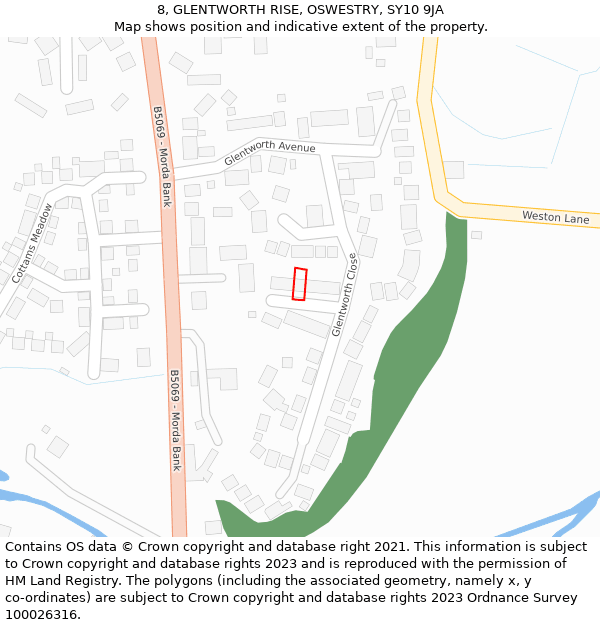 8, GLENTWORTH RISE, OSWESTRY, SY10 9JA: Location map and indicative extent of plot