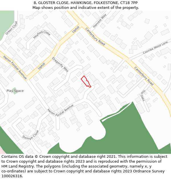 8, GLOSTER CLOSE, HAWKINGE, FOLKESTONE, CT18 7PP: Location map and indicative extent of plot