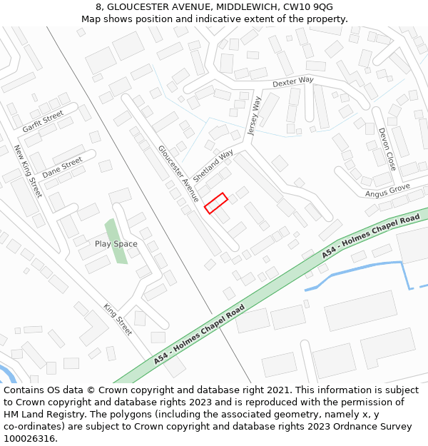 8, GLOUCESTER AVENUE, MIDDLEWICH, CW10 9QG: Location map and indicative extent of plot