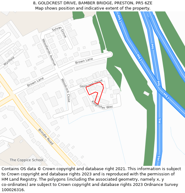 8, GOLDCREST DRIVE, BAMBER BRIDGE, PRESTON, PR5 6ZE: Location map and indicative extent of plot