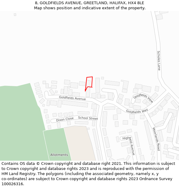 8, GOLDFIELDS AVENUE, GREETLAND, HALIFAX, HX4 8LE: Location map and indicative extent of plot