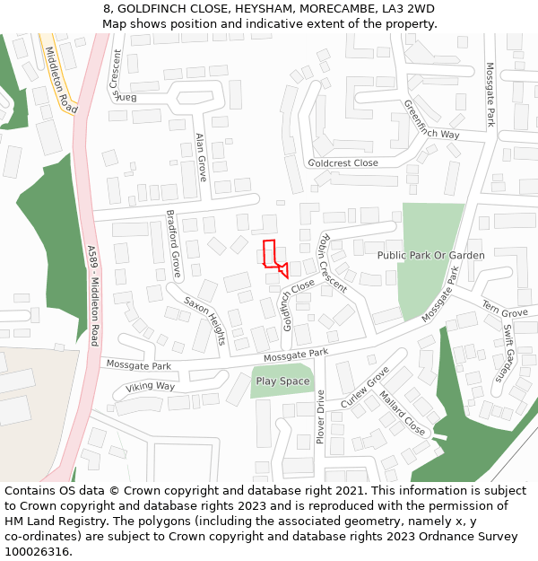 8, GOLDFINCH CLOSE, HEYSHAM, MORECAMBE, LA3 2WD: Location map and indicative extent of plot