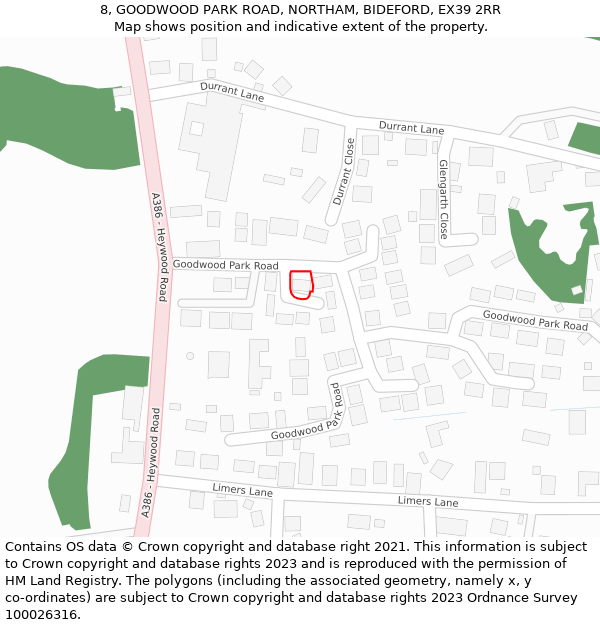 8, GOODWOOD PARK ROAD, NORTHAM, BIDEFORD, EX39 2RR: Location map and indicative extent of plot