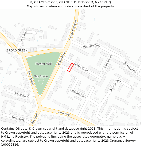 8, GRACES CLOSE, CRANFIELD, BEDFORD, MK43 0HQ: Location map and indicative extent of plot