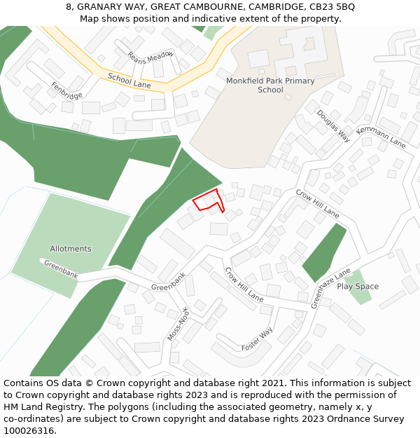 8, GRANARY WAY, GREAT CAMBOURNE, CAMBRIDGE, CB23 5BQ: Location map and indicative extent of plot