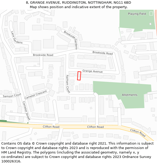 8, GRANGE AVENUE, RUDDINGTON, NOTTINGHAM, NG11 6BD: Location map and indicative extent of plot