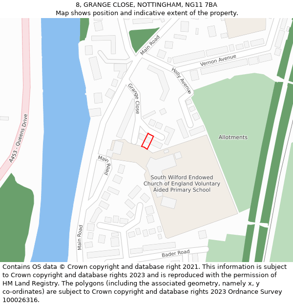 8, GRANGE CLOSE, NOTTINGHAM, NG11 7BA: Location map and indicative extent of plot