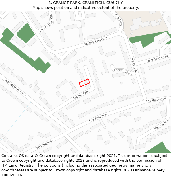 8, GRANGE PARK, CRANLEIGH, GU6 7HY: Location map and indicative extent of plot