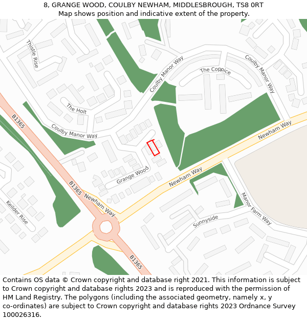 8, GRANGE WOOD, COULBY NEWHAM, MIDDLESBROUGH, TS8 0RT: Location map and indicative extent of plot