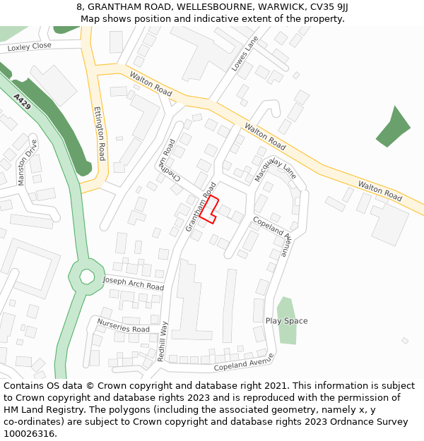 8, GRANTHAM ROAD, WELLESBOURNE, WARWICK, CV35 9JJ: Location map and indicative extent of plot
