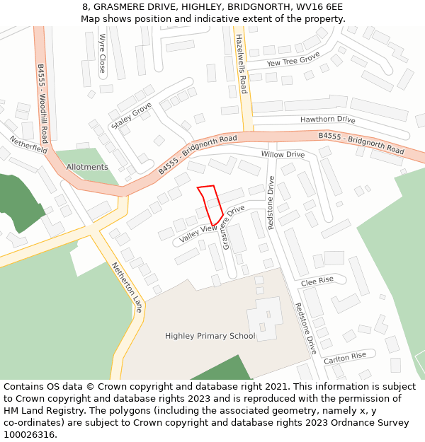 8, GRASMERE DRIVE, HIGHLEY, BRIDGNORTH, WV16 6EE: Location map and indicative extent of plot