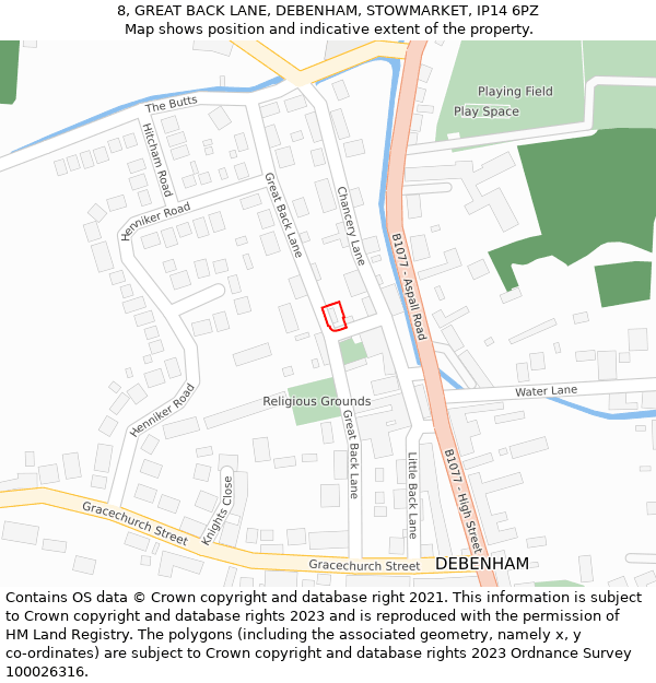 8, GREAT BACK LANE, DEBENHAM, STOWMARKET, IP14 6PZ: Location map and indicative extent of plot