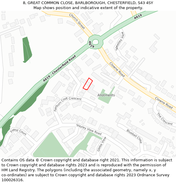 8, GREAT COMMON CLOSE, BARLBOROUGH, CHESTERFIELD, S43 4SY: Location map and indicative extent of plot