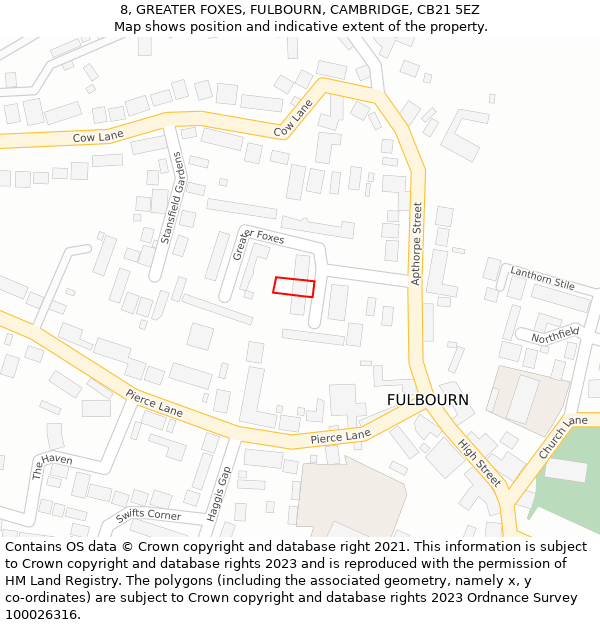 8, GREATER FOXES, FULBOURN, CAMBRIDGE, CB21 5EZ: Location map and indicative extent of plot