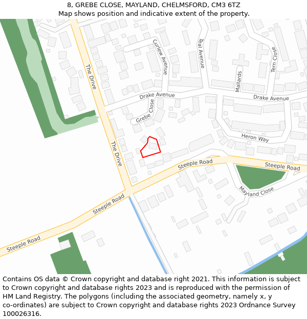 8, GREBE CLOSE, MAYLAND, CHELMSFORD, CM3 6TZ: Location map and indicative extent of plot