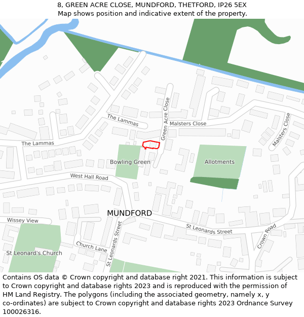 8, GREEN ACRE CLOSE, MUNDFORD, THETFORD, IP26 5EX: Location map and indicative extent of plot