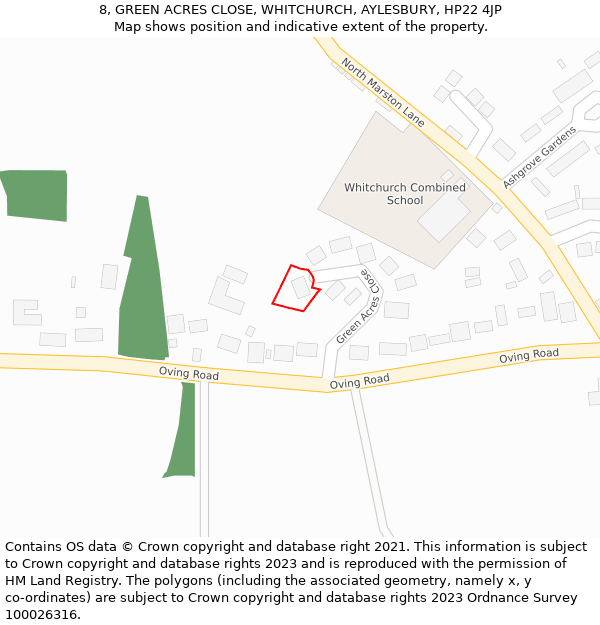 8, GREEN ACRES CLOSE, WHITCHURCH, AYLESBURY, HP22 4JP: Location map and indicative extent of plot