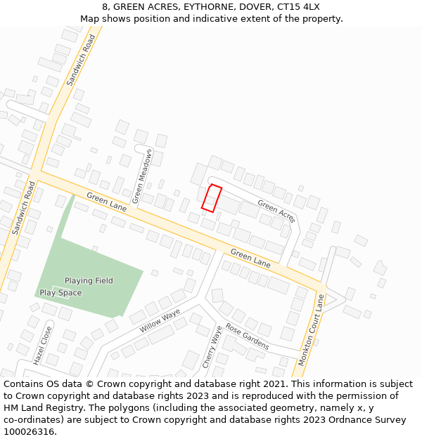 8, GREEN ACRES, EYTHORNE, DOVER, CT15 4LX: Location map and indicative extent of plot