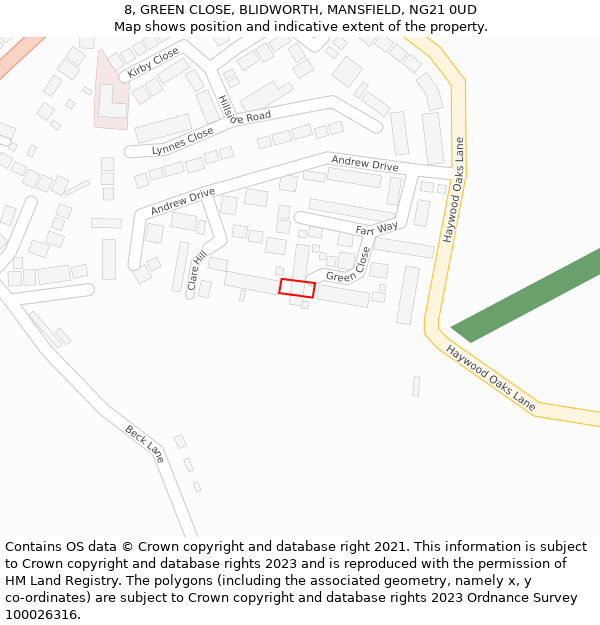 8, GREEN CLOSE, BLIDWORTH, MANSFIELD, NG21 0UD: Location map and indicative extent of plot