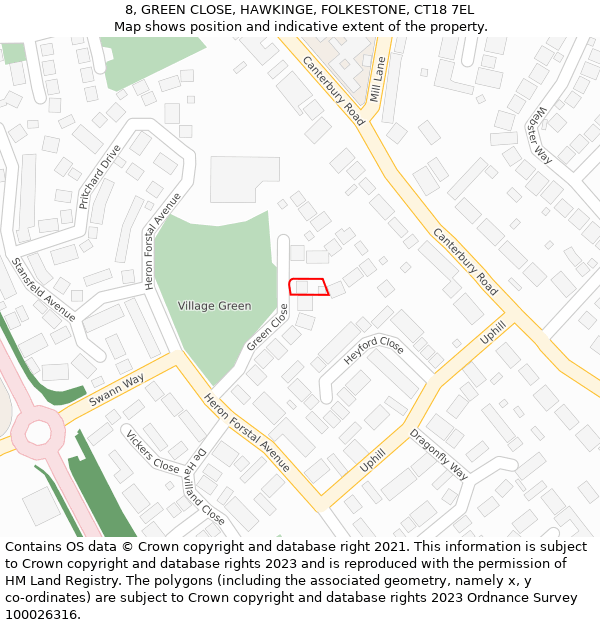 8, GREEN CLOSE, HAWKINGE, FOLKESTONE, CT18 7EL: Location map and indicative extent of plot