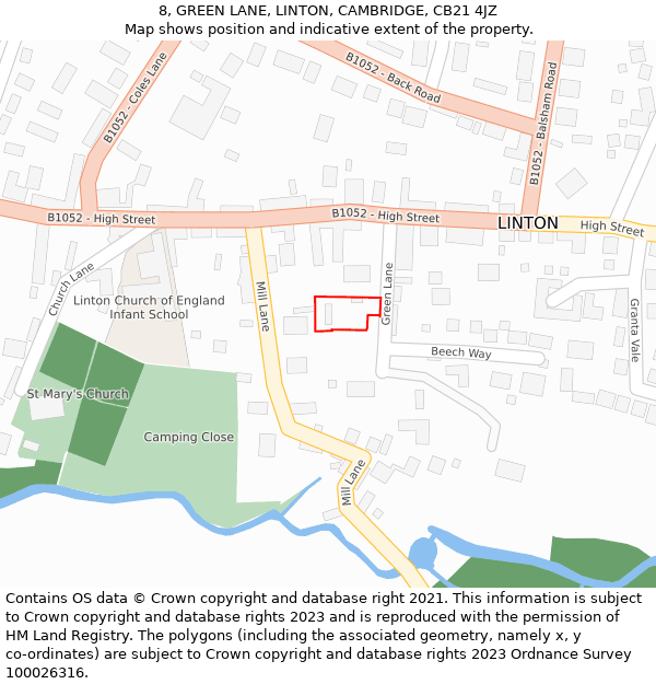 8, GREEN LANE, LINTON, CAMBRIDGE, CB21 4JZ: Location map and indicative extent of plot