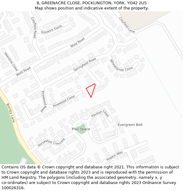 8, GREENACRE CLOSE, POCKLINGTON, YORK, YO42 2US: Location map and indicative extent of plot