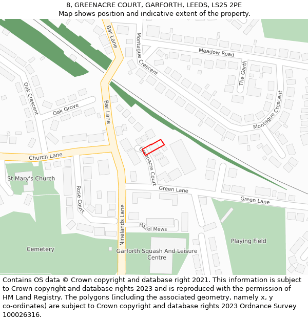 8, GREENACRE COURT, GARFORTH, LEEDS, LS25 2PE: Location map and indicative extent of plot