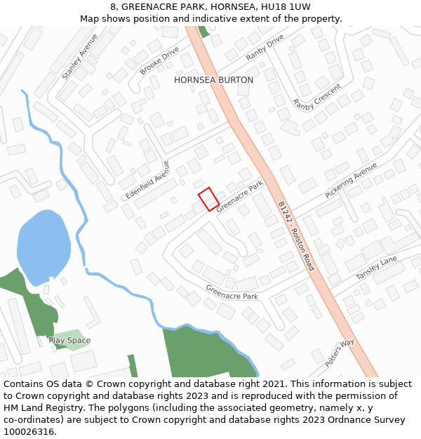8, GREENACRE PARK, HORNSEA, HU18 1UW: Location map and indicative extent of plot