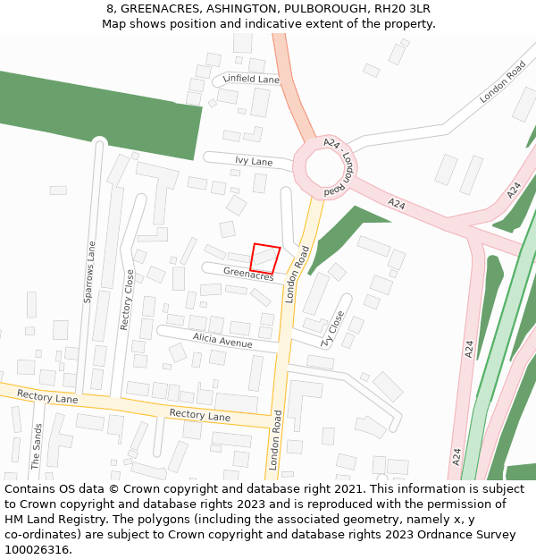 8, GREENACRES, ASHINGTON, PULBOROUGH, RH20 3LR: Location map and indicative extent of plot