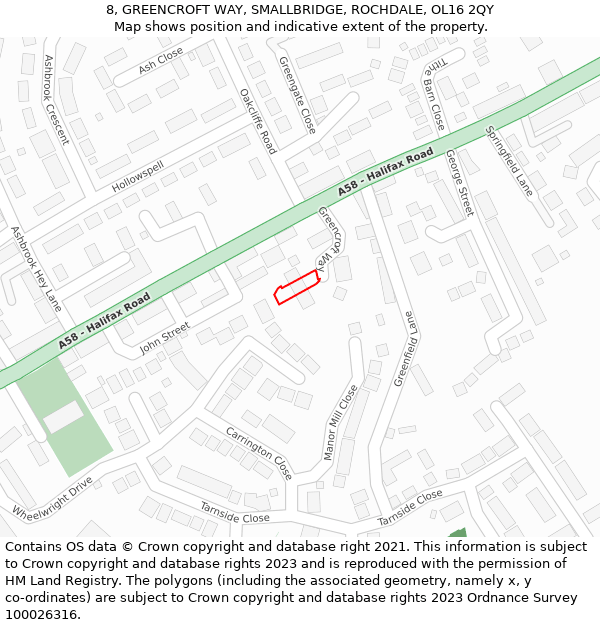 8, GREENCROFT WAY, SMALLBRIDGE, ROCHDALE, OL16 2QY: Location map and indicative extent of plot