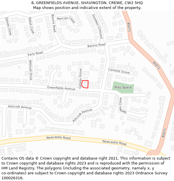 8, GREENFIELDS AVENUE, SHAVINGTON, CREWE, CW2 5HQ: Location map and indicative extent of plot