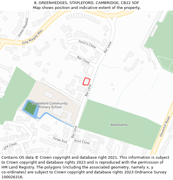 8, GREENHEDGES, STAPLEFORD, CAMBRIDGE, CB22 5DF: Location map and indicative extent of plot