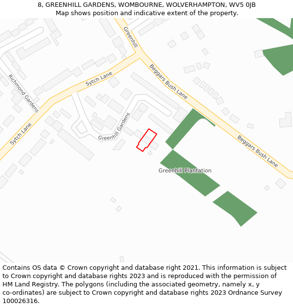 8, GREENHILL GARDENS, WOMBOURNE, WOLVERHAMPTON, WV5 0JB: Location map and indicative extent of plot