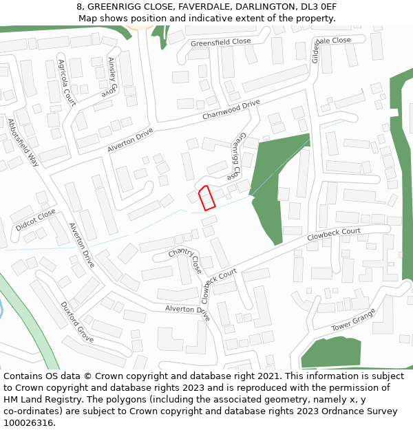 8, GREENRIGG CLOSE, FAVERDALE, DARLINGTON, DL3 0EF: Location map and indicative extent of plot