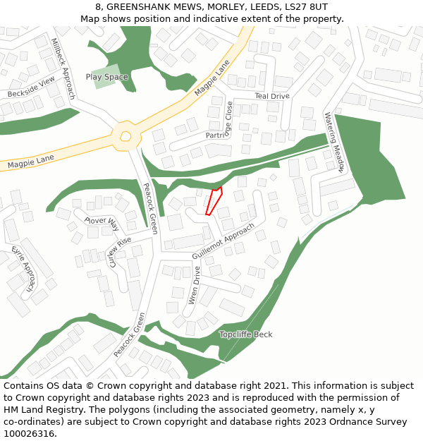 8, GREENSHANK MEWS, MORLEY, LEEDS, LS27 8UT: Location map and indicative extent of plot