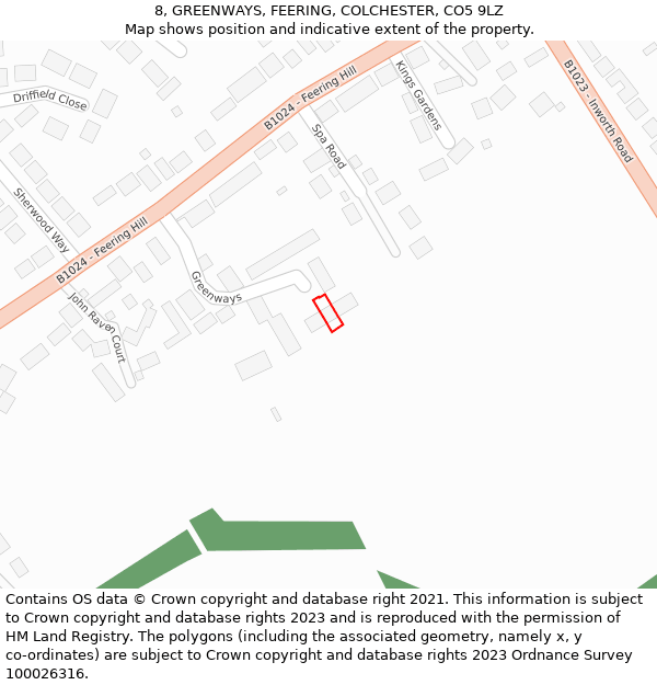 8, GREENWAYS, FEERING, COLCHESTER, CO5 9LZ: Location map and indicative extent of plot