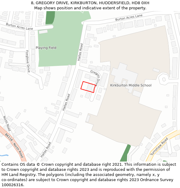 8, GREGORY DRIVE, KIRKBURTON, HUDDERSFIELD, HD8 0XH: Location map and indicative extent of plot