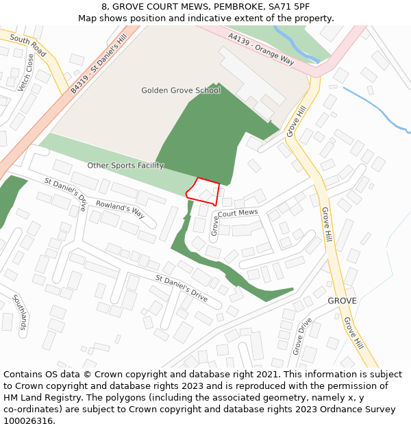 8, GROVE COURT MEWS, PEMBROKE, SA71 5PF: Location map and indicative extent of plot