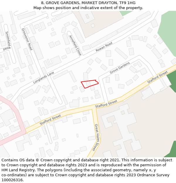 8, GROVE GARDENS, MARKET DRAYTON, TF9 1HG: Location map and indicative extent of plot