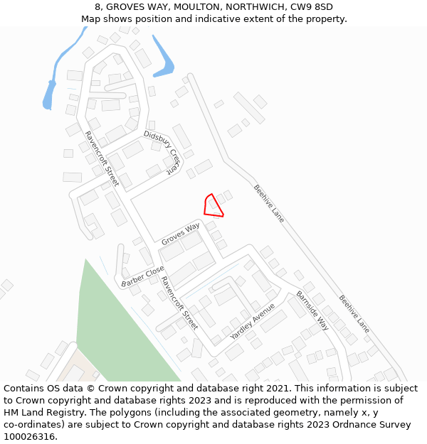 8, GROVES WAY, MOULTON, NORTHWICH, CW9 8SD: Location map and indicative extent of plot