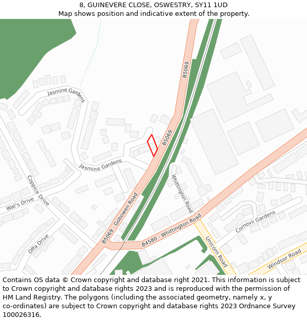 8, GUINEVERE CLOSE, OSWESTRY, SY11 1UD: Location map and indicative extent of plot