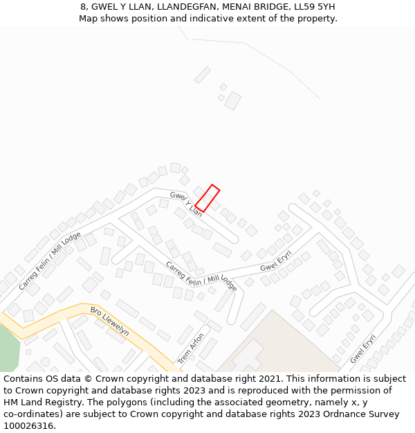 8, GWEL Y LLAN, LLANDEGFAN, MENAI BRIDGE, LL59 5YH: Location map and indicative extent of plot