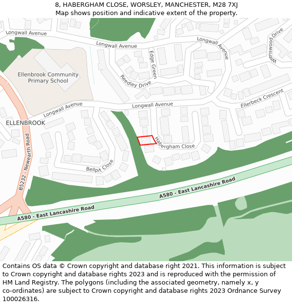 8, HABERGHAM CLOSE, WORSLEY, MANCHESTER, M28 7XJ: Location map and indicative extent of plot