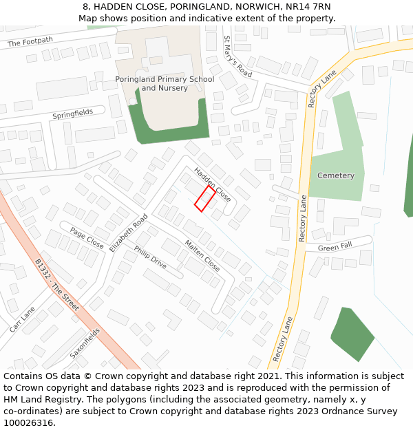 8, HADDEN CLOSE, PORINGLAND, NORWICH, NR14 7RN: Location map and indicative extent of plot