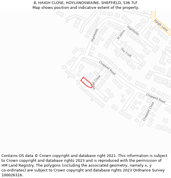 8, HAIGH CLOSE, HOYLANDSWAINE, SHEFFIELD, S36 7LF: Location map and indicative extent of plot