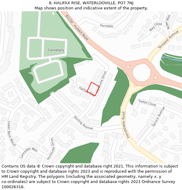 8, HALIFAX RISE, WATERLOOVILLE, PO7 7NJ: Location map and indicative extent of plot