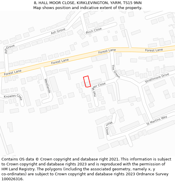 8, HALL MOOR CLOSE, KIRKLEVINGTON, YARM, TS15 9NN: Location map and indicative extent of plot