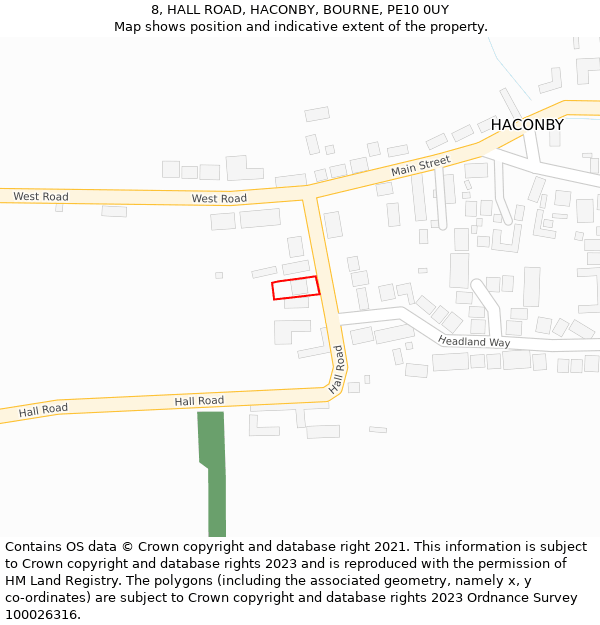 8, HALL ROAD, HACONBY, BOURNE, PE10 0UY: Location map and indicative extent of plot