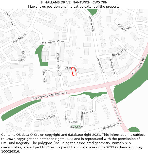 8, HALLAMS DRIVE, NANTWICH, CW5 7RN: Location map and indicative extent of plot