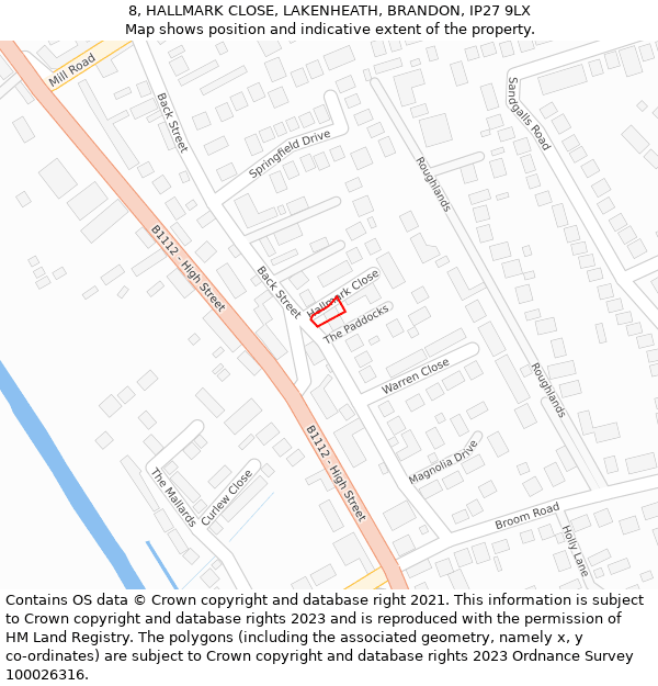 8, HALLMARK CLOSE, LAKENHEATH, BRANDON, IP27 9LX: Location map and indicative extent of plot